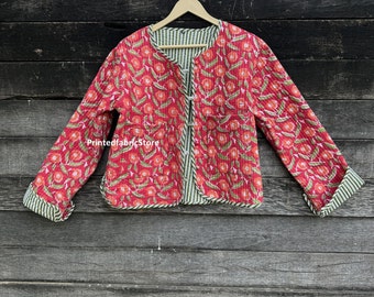 Red Floral Cotton Women's Quilted Jacket Block Printed Boho Style Quilted Handmade Jackets Coat Button Closer Jacket For Women Gifts