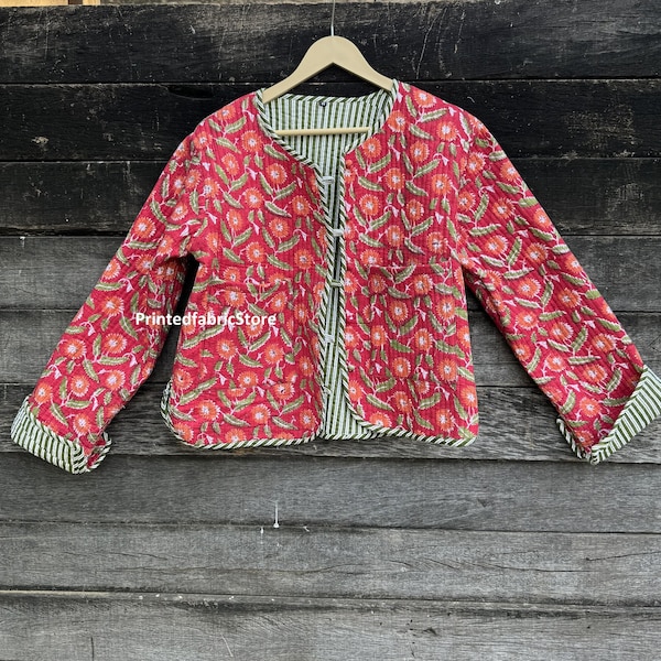 Veste matelassée pour femme en coton à fleurs rouge imprimé bloc style bohème matelassé fait main vestes manteau bouton plus près veste pour femme cadeaux