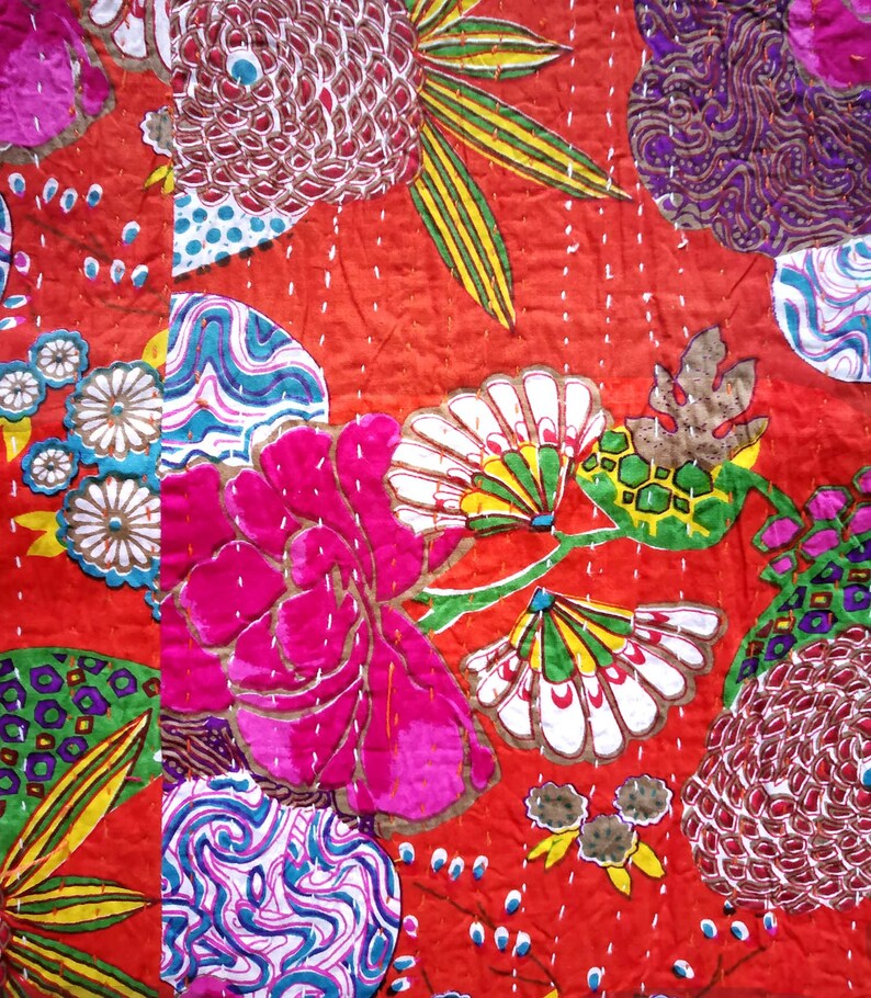 Red Kantha Quilt Kantha Bedding Fruit Print Kantha Blanket Etsy