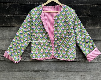 Green Floral Block Print Jacket Cotton Quilted Short Jacket Partywear Jacket Gifts For Her Cotton Jacket New Style