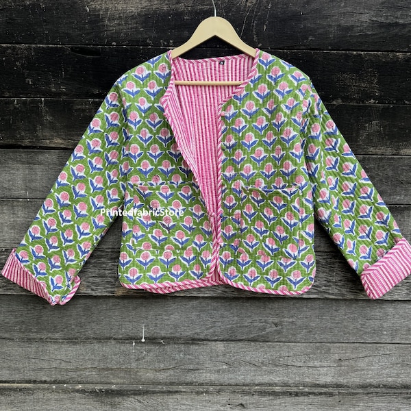 Green Floral Block Print Jacket Cotton Quilted Short Jacket Partywear Jacket Gifts For Her Cotton Jacket New Style