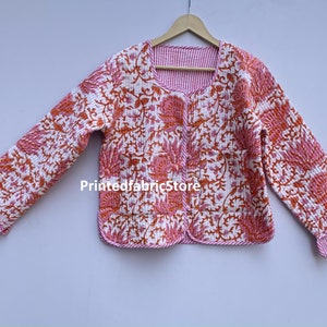 Pink Floral Quilted Jacket Hand Block Printed Holidays Gifts Button Closer Jacket For Women Gifts Boho Style Jackets Reversible Jacket image 3