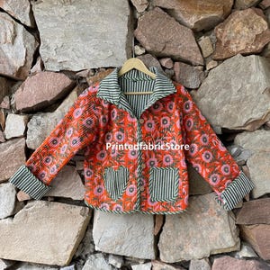 Handmade Cotton Quilted Jacket with Pink Flowers and Green Striped Accents