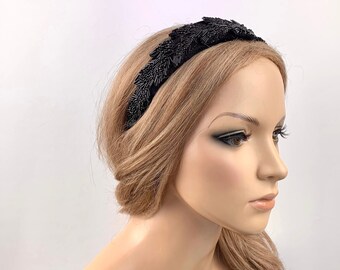 Headband Velvet Frost Leaves Beads Headband Headdress Vintage Headband Lace Black