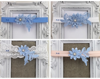 Garter Lace Flowers Wedding Garter Bridal Gift Custom Made Handmade Blue