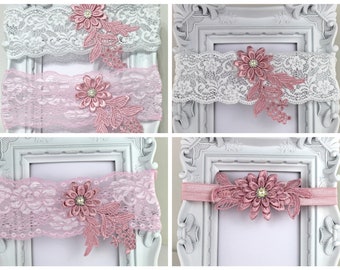 Garter lace floral wedding garter bridal gift custom made handmade pink old pink