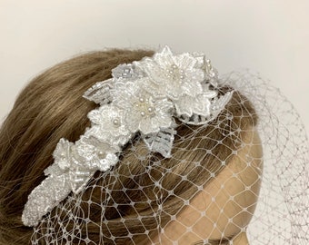 Headband bridal hair accessories 3D pearls lace flowers headpiece boho wedding registry office