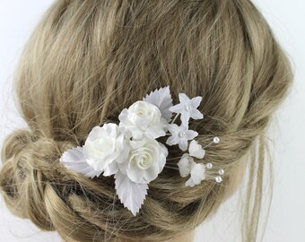 Braut Haarschmuck Haarschmuck Hochzeit Haarblüten  Blumen Rosen Braut Blumen Haargesteck ivory