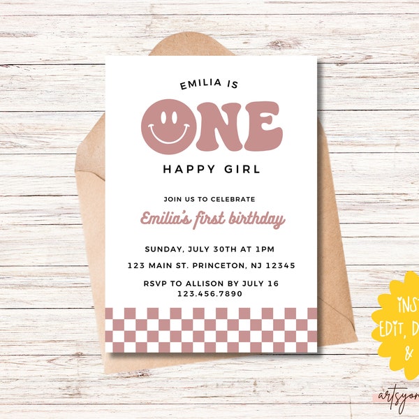 Editable One Happy Girl Retro Smiley Face Birthday Invitation, Smiley Face Invite, Retro One Happy Babe Invitation, One Happy Girl Party