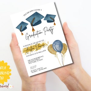 May include: A white graduation party invitation with blue and gold watercolor accents. The invitation features a blue graduation cap, balloons, and the text "Graduation Party" in a black script font. The text "In honor of the graduate Justin Davis" is written in gold script font. The date and time of the party are listed, along with the address and RSVP information.