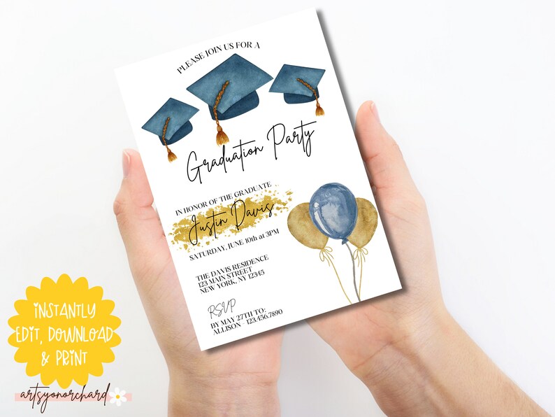 May include: A white graduation party invitation with blue and gold watercolor accents. The invitation features a blue graduation cap, balloons, and the text "Graduation Party" in a black script font. The text "In honor of the graduate Justin Davis" is written in gold script font. The date and time of the party are listed, along with the address and RSVP information.