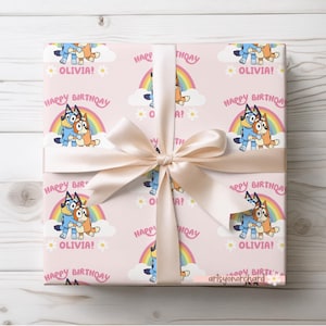 Papel de regalo de perro azul, papel de regalo de perro azul y fiesta de bingo, papel de regalo personalizado de perro azul arcoíris