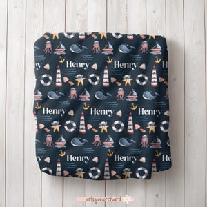 Manta náutica personalizada para bebé niño, manta para bebé con ancla de velero, regalo para bebé niño con nombre personalizado, tema náutico, animales del océano bajo el mar