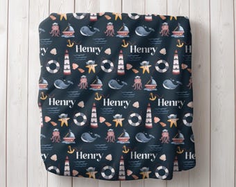 Manta náutica personalizada para bebé niño, manta para bebé con ancla de velero, regalo para bebé niño con nombre personalizado, tema náutico, animales del océano bajo el mar