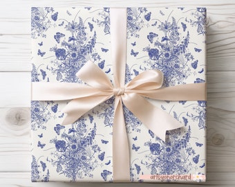 Vintage Chinoiserie Wrapping Paper With Butterflies, Dainty Blue Chinoiserie Gift Wrap, French Provincial Wrapping Paper, hampton Blue White