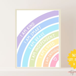Affirmations for Kids, Rainbow Affirmations Print, I am Kind Smart Loved, Inspirational Nursery Decor, PRINTABLE Wall Art, DIGITAL DOWNLOAD