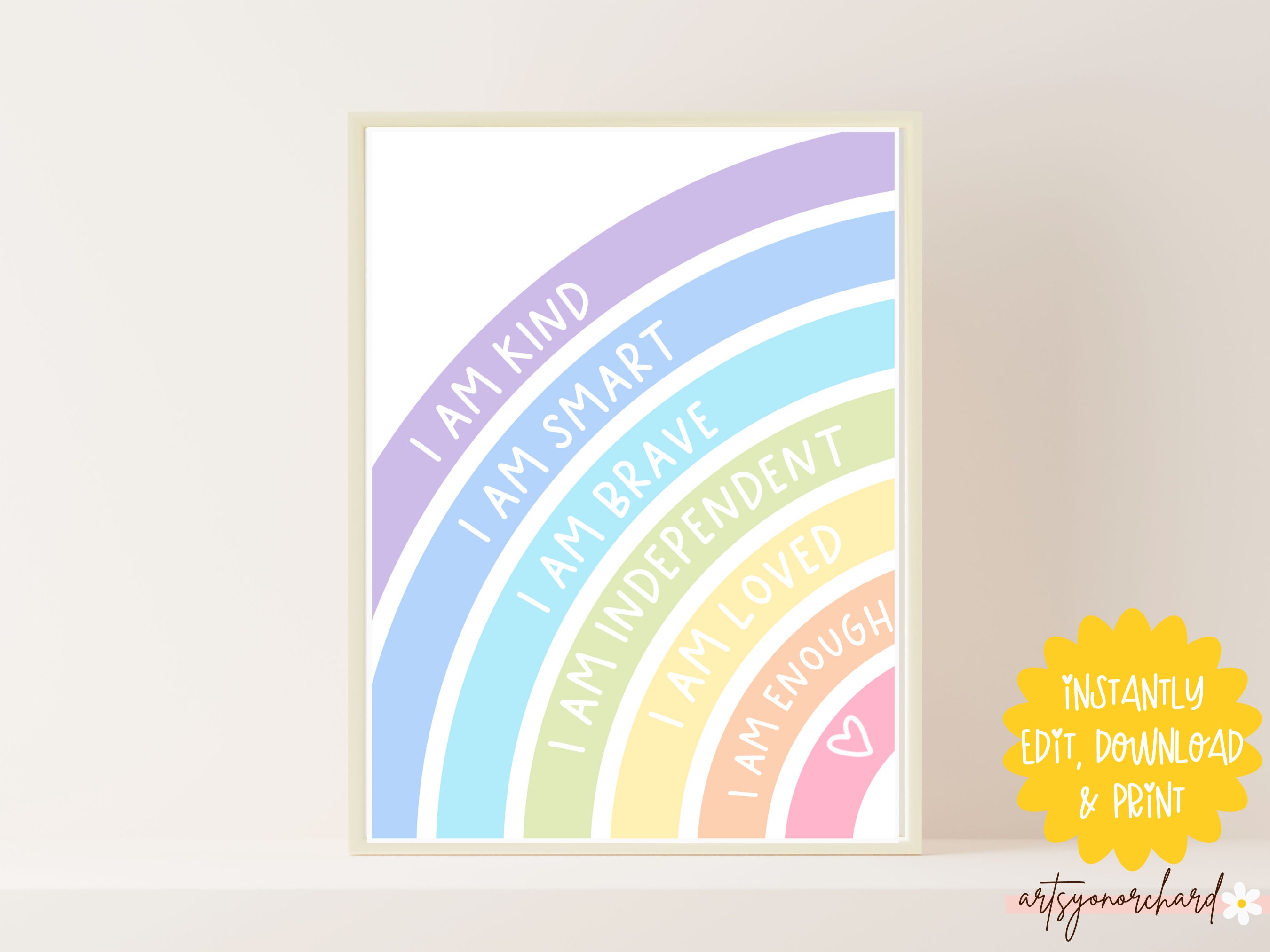 Affirmations for Kids, Rainbow Affirmations Print, I am Kind Smart Loved, Inspirational Nursery Decor, PRINTABLE Wall Art, DIGITAL DOWNLOAD