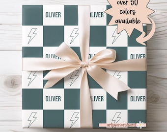 Checkered Lightning Bolt Boy Personalized Wrapping Paper, Custom Wrapping Paper, Wrapping Paper for Gifts, Custom Gift Wrap, Gift Wrap Roll
