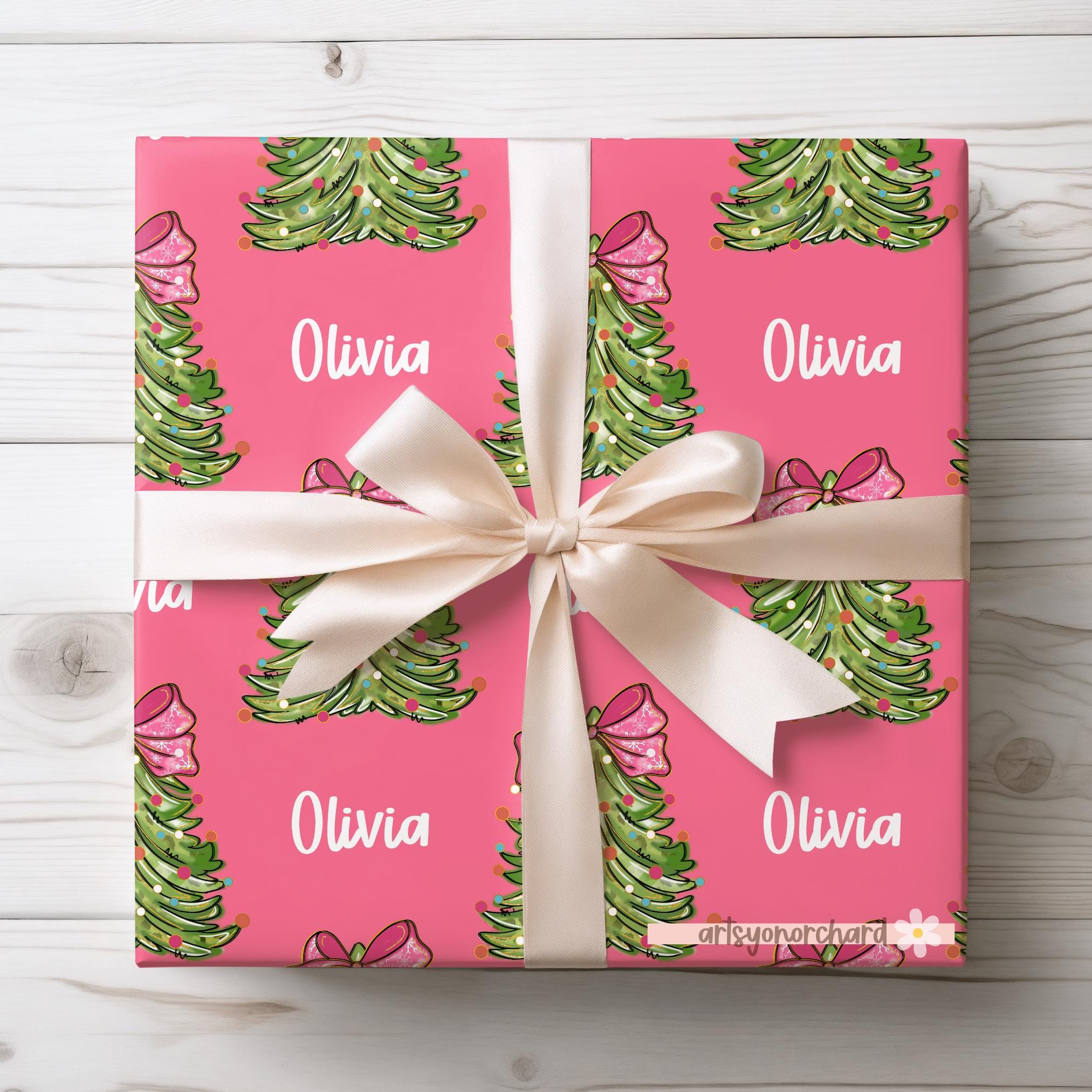 Large Pink Preppy Coquette Bow Christmas Tree Wrapping Paper | Personalized Gift Wrap | Custom Name Holiday Gift Wrap | Name Gift Wrap Paper