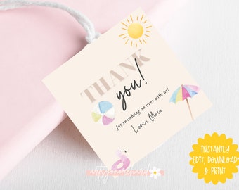 May include: A thank you tag with a beach theme. It features a sun, beach ball, umbrella, and a flamingo float. The text reads "Thank you! for swimming on over with us! Love, Olivia".