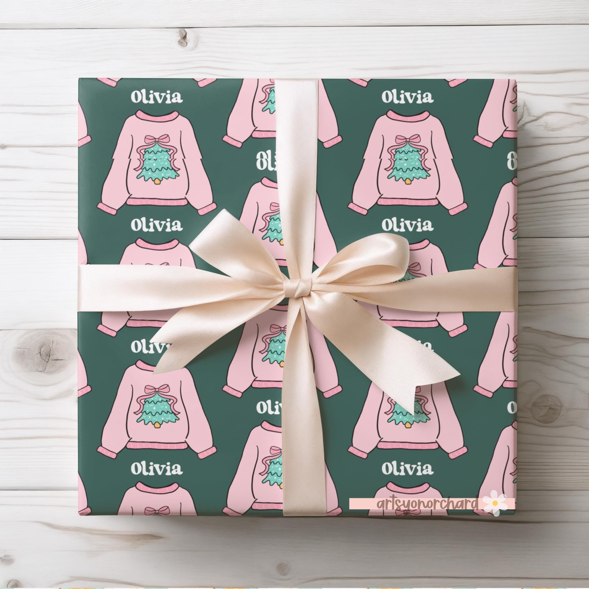 Discover Coquette Bow Girly Christmas Sweater Wrapping Paper | Personalized Holiday Gift Wrap | Custom Name Xmas Wrap