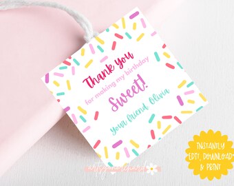 Étiquettes cadeaux modifiables Sweet party Merci Label, Autocollant Goody Bag, Étiquette de remerciement modifiable, Étiquettes imprimées à la maison, Sweet one, Sprinkles, Donut