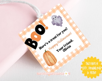 May include: A Halloween-themed gift tag with a gingham border. The tag features the word "Boo!" in black and orange, a watercolor ghost and pumpkin, and the text "Here's a treat for you! Happy Halloween!" with a name.
