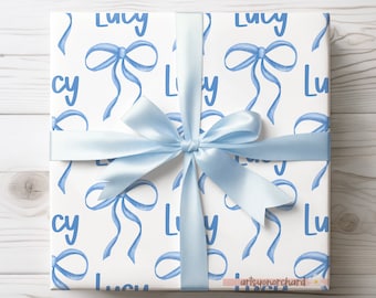 Blaue Babyparty-Geschenkverpackung, feminines Geschenkpapier, Preppy Coquette Blaue Schleife personalisierte Geschenkpapier, Blaue Pariser Bögen, Bögen und Baby