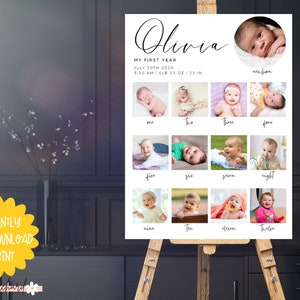 Signo de cumpleaños de hito, plantilla de póster de primer año imprimible del bebé, tablero de hitos del primer cumpleaños del bebé, signo de collage de fotos del primer cumpleaños
