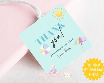 May include: A blue and white thank you tag with a sun, beach ball, umbrella, and flamingo. The text reads "Thank you! for swimming on over with us! Love, Olivia."