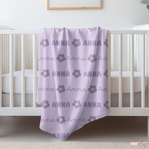 Manta con nombre de margarita morada, manta de margarita personalizada, manta con nombre para niña, decoración de guardería con margaritas bohemias, regalo para niña, regalo bohemio para bebé