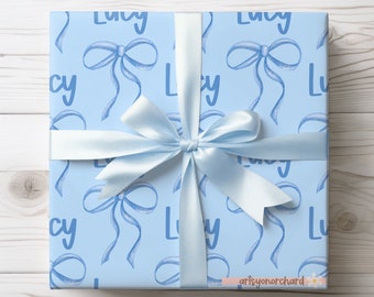 Blaue Babyparty-Geschenkverpackung, feminines Geschenkpapier, Preppy Coquette Blaue Schleife personalisierte Geschenkpapier, Blaue Pariser Bögen, Bögen und Baby