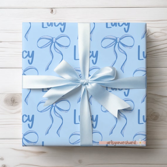 Blue Baby Shower Gift Wrap, Feminine Wrapping Paper, Preppy Coquette Blue Bow Personalized Wrapping Paper, Blue Parisian Bows, Bows and Baby