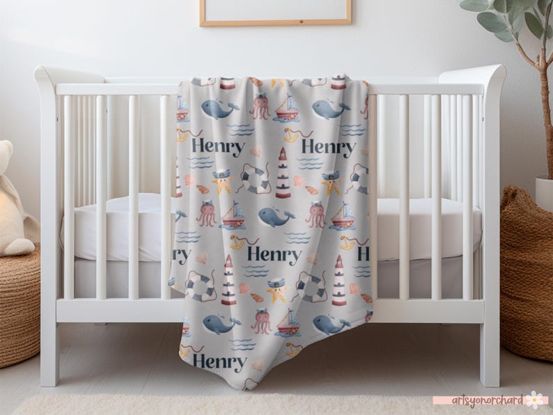 Baby Boy Personalized Nautical Blanket, Sailboat Anchor Baby Blanket