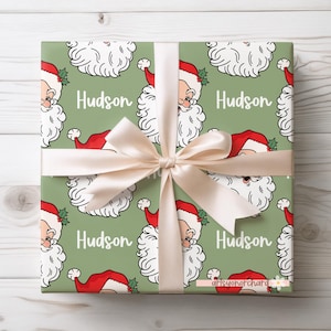 Vintage Santa Christmas Wrapping Paper | Retro Santa Personalized Holiday Gift Wrap | Personalized Gift Wrap | Custom Name Holiday Gift Wrap image 1