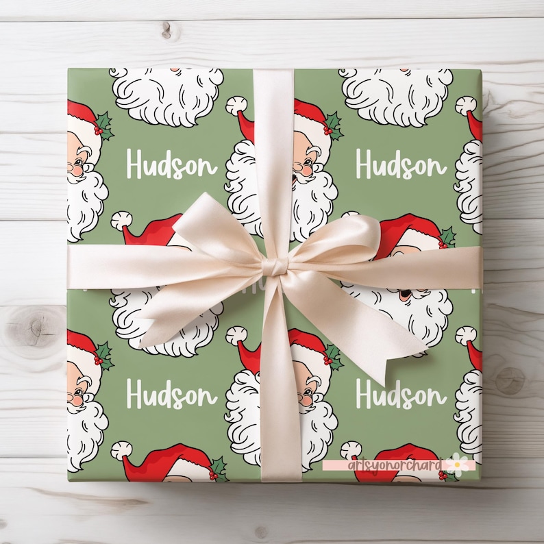 Vintage Santa Christmas Wrapping Paper | Retro Santa Personalized Holiday Gift Wrap | Personalized Gift Wrap | Custom Name Holiday Gift Wrap image 1