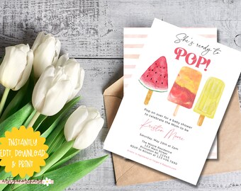 Editable She's Ready to Pop Baby Shower Invitation Bundle, Pink Popsicle Baby Shower Invite, Girl Summer Baby Shower, Sweets Baby Shower