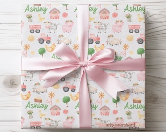 Embrulho de presente personalizado para menina fazendinha, presente personalizado para bebê fazendinha, presente para menino vaqueiro Pink Barn, embrulho de presente para chá de bebê, festa de aniversário com animais da fazenda