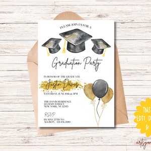 May include: Graduation party invitation with a white background, gold glitter, and black and gold watercolor illustrations of graduation caps and balloons. The text reads "Please join us for a Graduation Party in honor of the graduate Justin Davis, Saturday, June 10th at 3PM, The Davis Residence, 123 Main Street, New York, NY 12345, RSVP by May 27th to Allison - 123.456.7890".