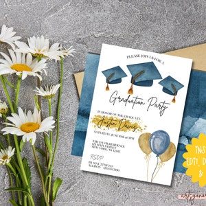 May include: A white graduation party invitation with blue watercolor accents. The invitation features a blue graduation cap, gold glitter, and balloons. The text on the invitation reads "Please join us for a Graduation Party in honor of the graduate Justin Davis. Saturday, June 10th at 3PM. The Davis Residence, 123 Main Street, New York, NY 12345. RSVP by May 27th to Allison, 123-456-7890."