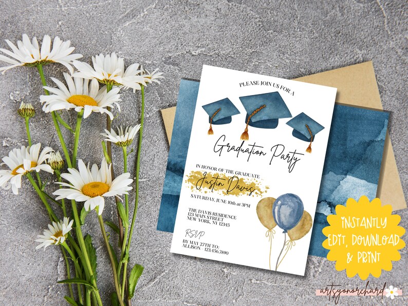 May include: A white graduation party invitation with blue watercolor accents. The invitation features a blue graduation cap, gold glitter, and balloons. The text on the invitation reads "Please join us for a Graduation Party in honor of the graduate Justin Davis. Saturday, June 10th at 3PM. The Davis Residence, 123 Main Street, New York, NY 12345. RSVP by May 27th to Allison, 123-456-7890."