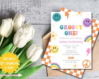 Editable Groovy One First Birthday Invitation, Retro Daisy Floral Invite, 1st Birthday Invite, One Groovy Babe, groovy 1st birthday