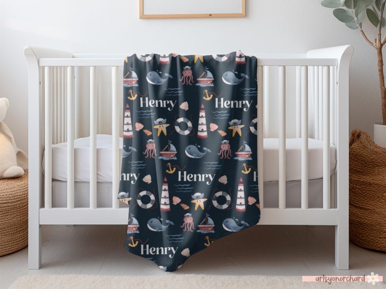 Baby Boy Personalized Nautical Blanket, Sailboat Anchor Baby Blanket