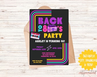 Invito di compleanno a tema anni '80, Ritorno agli anni '80, Festa di decenni, Invito di compleanno retrò di ritorno al passato, 40° compleanno, Invito digitale modificabile