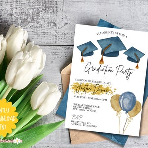 May include: A white graduation party invitation with blue and gold accents. The invitation features a watercolor illustration of graduation caps and balloons. The text on the invitation reads "Please join us for a Graduation Party in honor of the graduate Justin Davis. Saturday, June 10th at 3PM. The Davis Residence 123 Main Street New York, NY 12345. RSVP by May 27th to Allison 123-456-7890."
