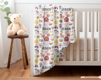 Personalized Baby Boy Farm Blanket, Custom Boy Farm Baby Blanket, Red Barn Cow Boy Blanket, Baby Shower Gift, Farm Animals Blanket with Name