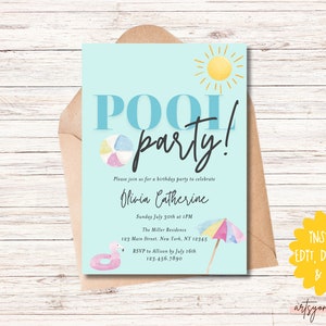 May include: A light blue pool party invitation with the words "POOL party!" in large letters. The invitation includes a watercolor sun, beach ball, umbrella, and a pink inflatable ring. The text says "Please join us for a birthday party to celebrate Olivia Catherine."