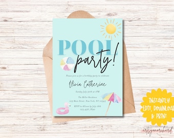 Pool Party Invitation, Pool Birthday Party Invite, Swimming Pool Birthday, Summer Pool Party, Instant Download, Editable File, End of School