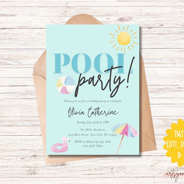 Pool Party Invitation, Pool Birthday Party Invite, Swimming Pool Birthday, Summer Pool Party, Instant Download, Editable File, End of School