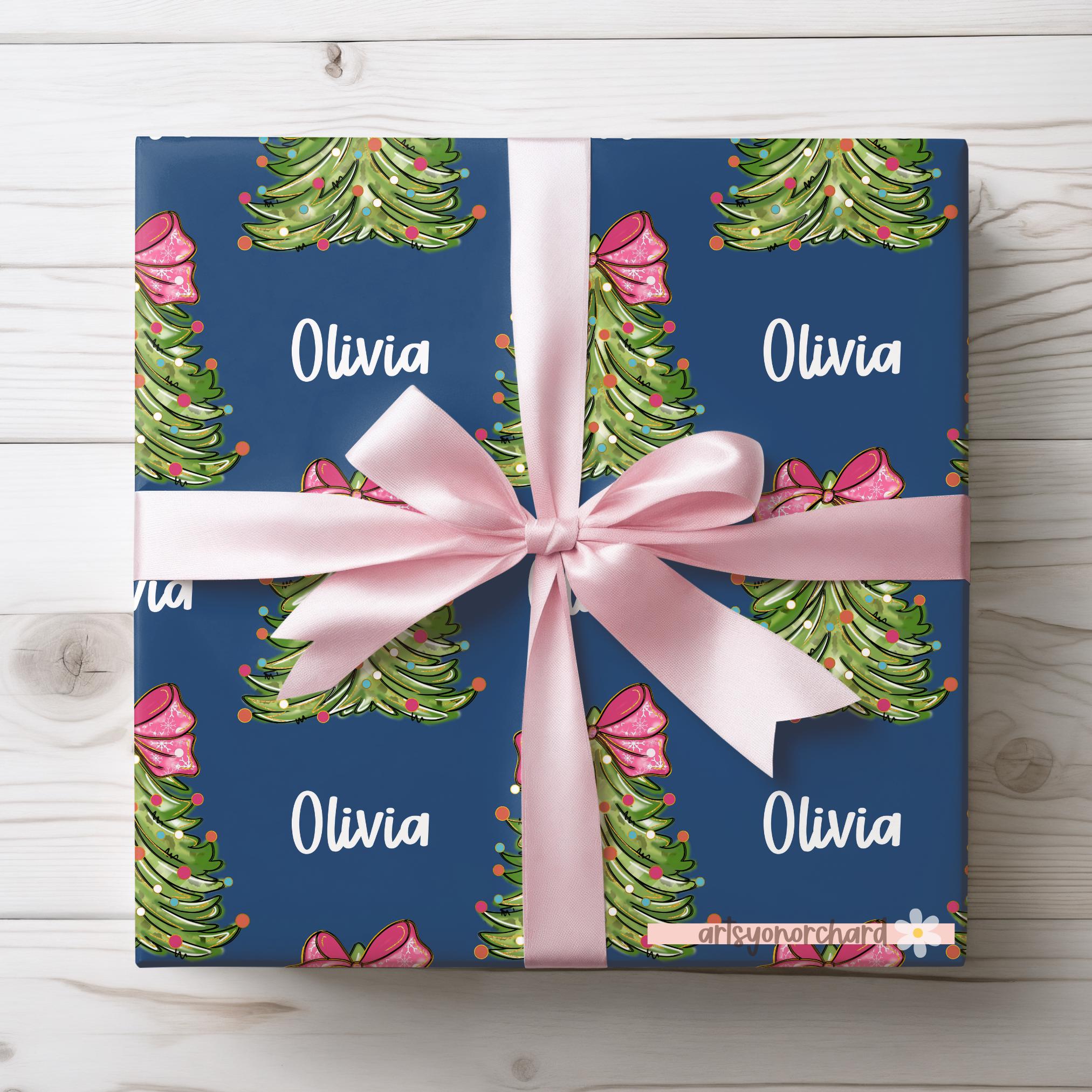 Large Pink Preppy Coquette Bow Christmas Tree Wrapping Paper | Personalized Gift Wrap | Custom Name Holiday Gift Wrap | Name Gift Wrap Paper